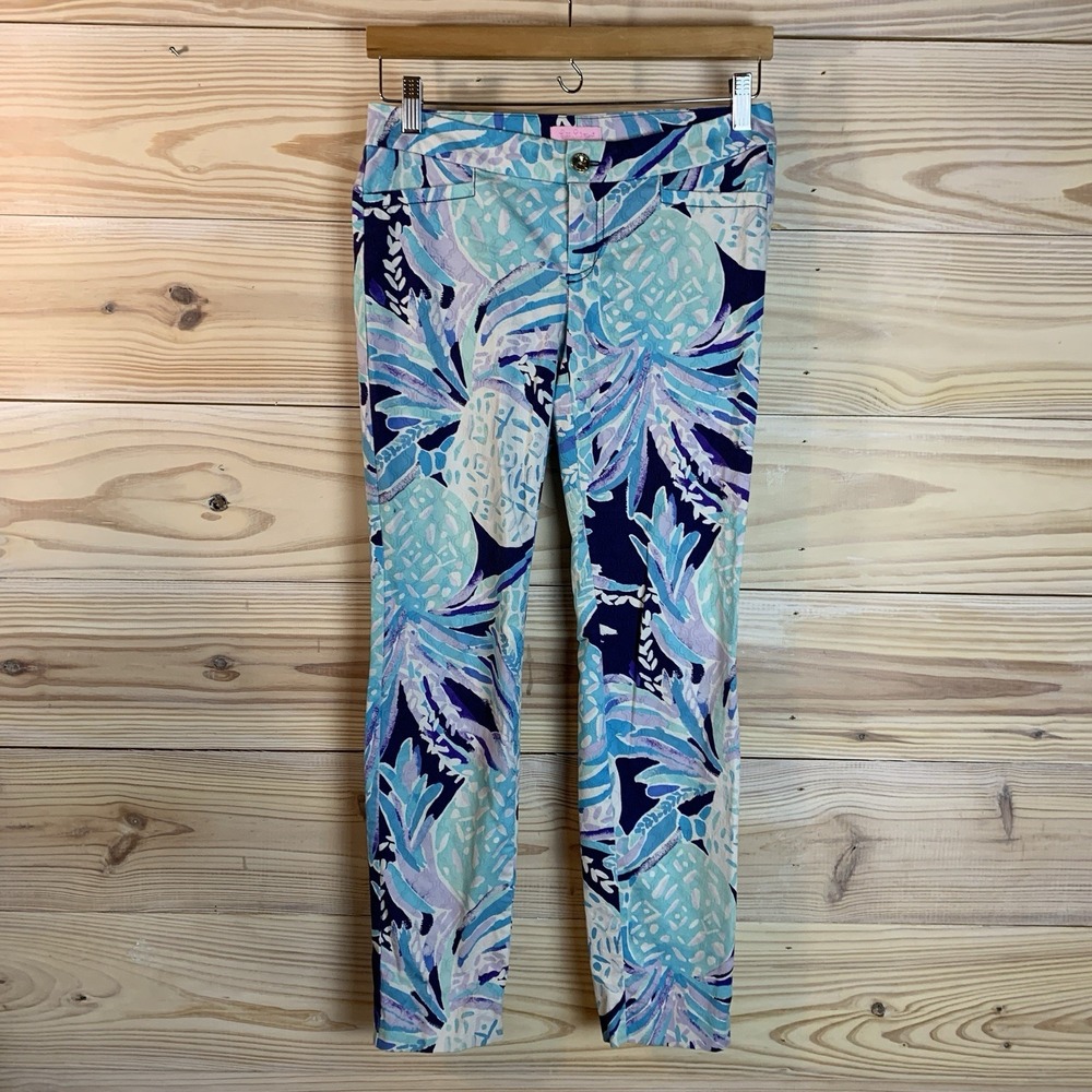 Lilly Pulitzer Pants Women 0 Capri Low Rise Blue Pastel Pineapple Watercolor